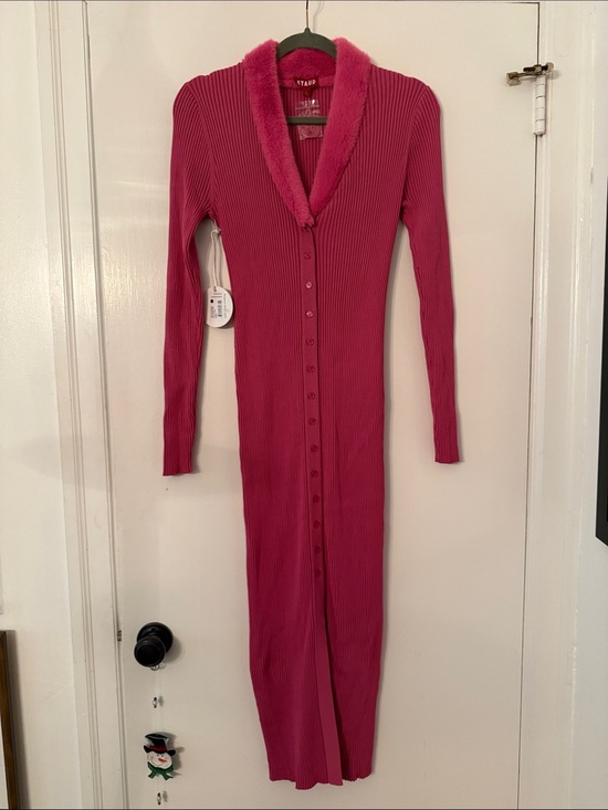 STAUD Dresses & Skirts - RARE STAUD Fuchsia Ribbed Faux-Fur Trim Long Button-Front Dress L NWT
